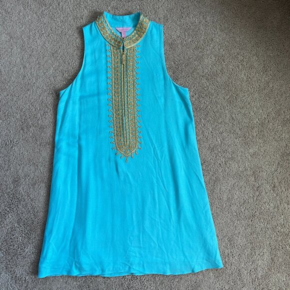 Lilly Pulitzer IBIZA BLUE JANE SHIFT DRESS Gold Braid Nehru Sleeveless Dress Sz6 - Picture 1 of 12